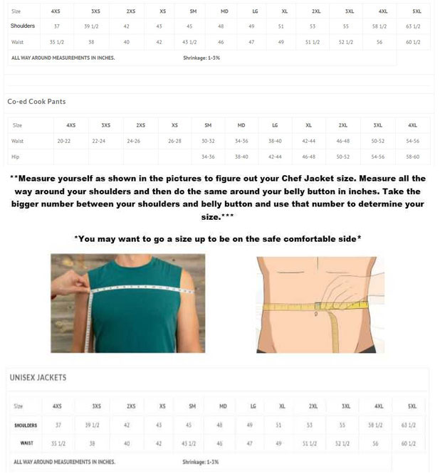 Women's Chef Coat Size Chart